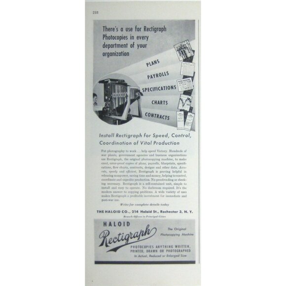 1944 Vintage Haloid Rectigraph Photocopying Machine Print Ad WWII Era - Picture 2 of 2